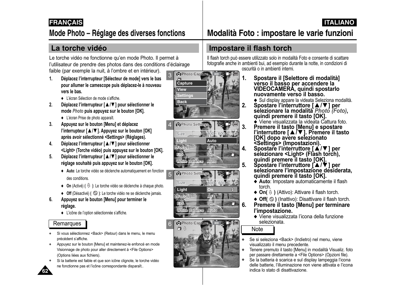 Modalità foto : impostare le varie funzioni, Mode photo – réglage des diverses fonctions, Impostare il flash torch | La torche vidéo, Italiano, Français | Samsung VP-X110L User Manual | Page 63 / 129