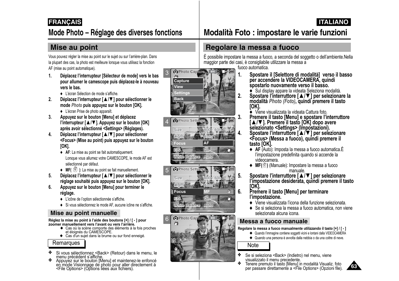 Modalità foto : impostare le varie funzioni, Mode photo – réglage des diverses fonctions, Regolare la messa a fuoco | Mise au point, Italiano, Français | Samsung VP-X110L User Manual | Page 64 / 129