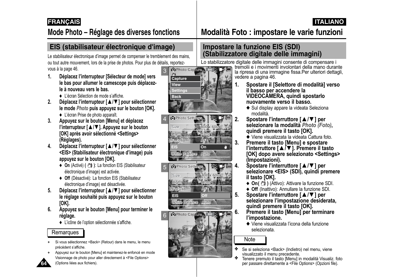 Modalità foto : impostare le varie funzioni, Mode photo – réglage des diverses fonctions, Eis (stabilisateur électronique d'image) | Samsung VP-X110L User Manual | Page 65 / 129