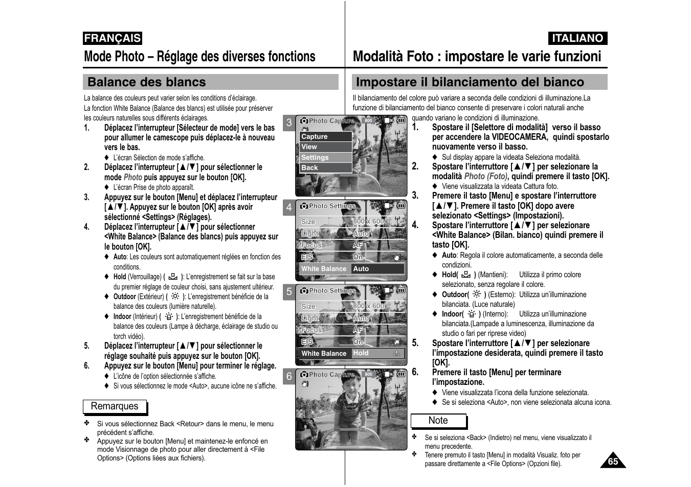 Modalità foto : impostare le varie funzioni, Mode photo – réglage des diverses fonctions, Impostare il bilanciamento del bianco | Balance des blancs, Italiano, Français | Samsung VP-X110L User Manual | Page 66 / 129