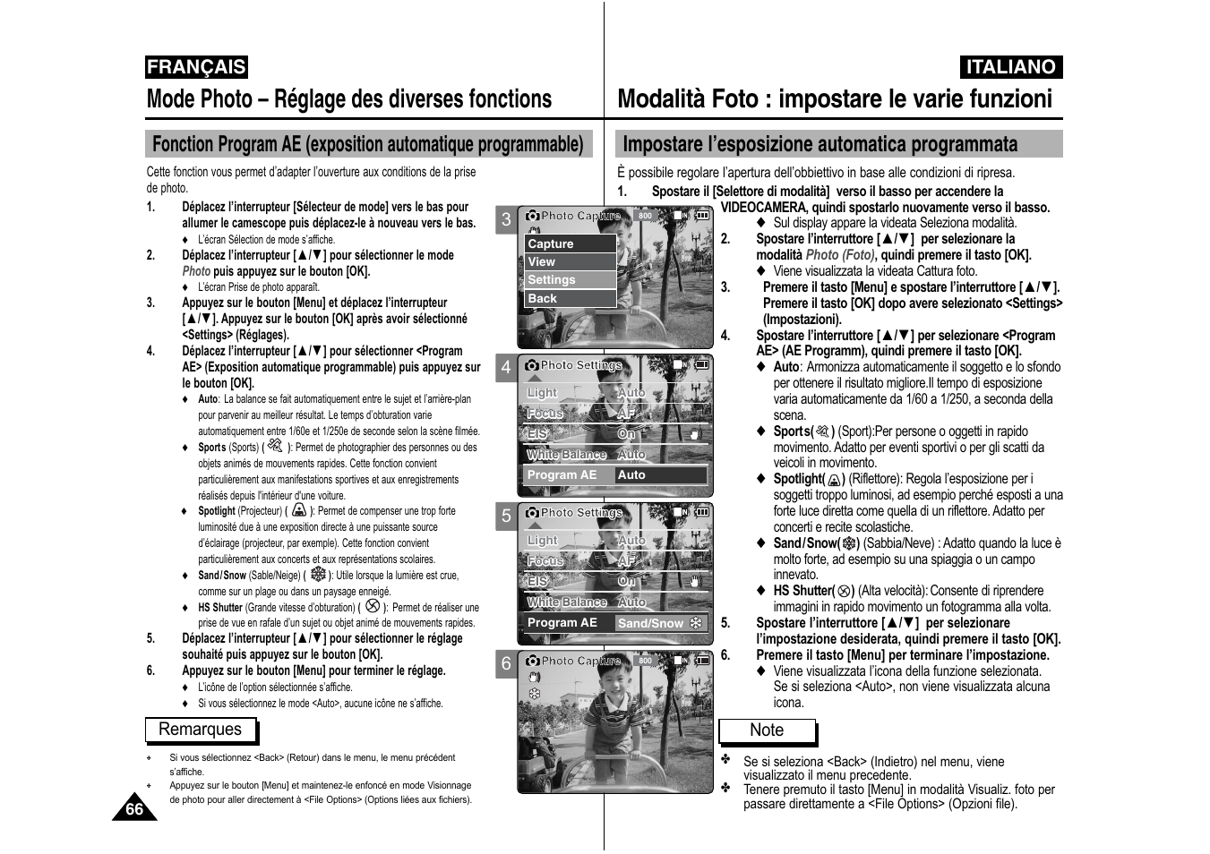 Modalità foto : impostare le varie funzioni, Mode photo – réglage des diverses fonctions, Impostare l’esposizione automatica programmata | Italiano, Français, Remarques | Samsung VP-X110L User Manual | Page 67 / 129