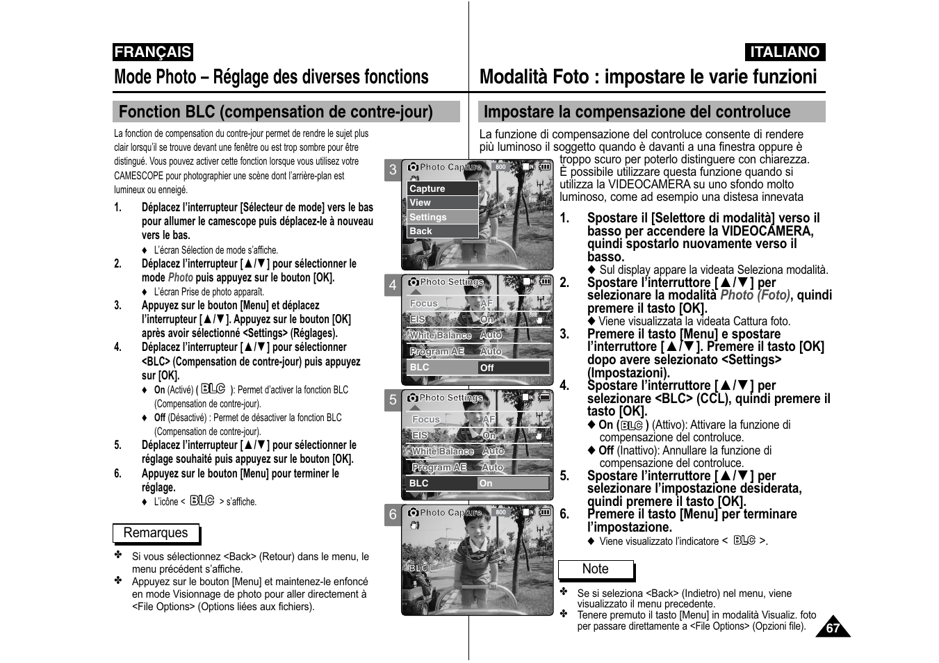Modalità foto : impostare le varie funzioni, Mode photo – réglage des diverses fonctions, Impostare la compensazione del controluce | Fonction blc (compensation de contre-jour), Italiano, Français | Samsung VP-X110L User Manual | Page 68 / 129