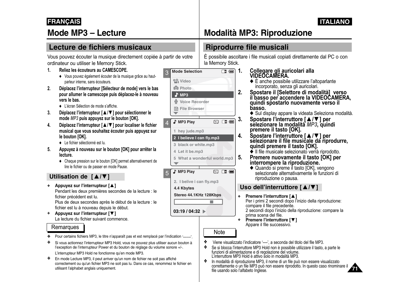 Modalità mp3: riproduzione, Mode mp3 – lecture, Riprodurre file musicali | Lecture de fichiers musicaux | Samsung VP-X110L User Manual | Page 72 / 129