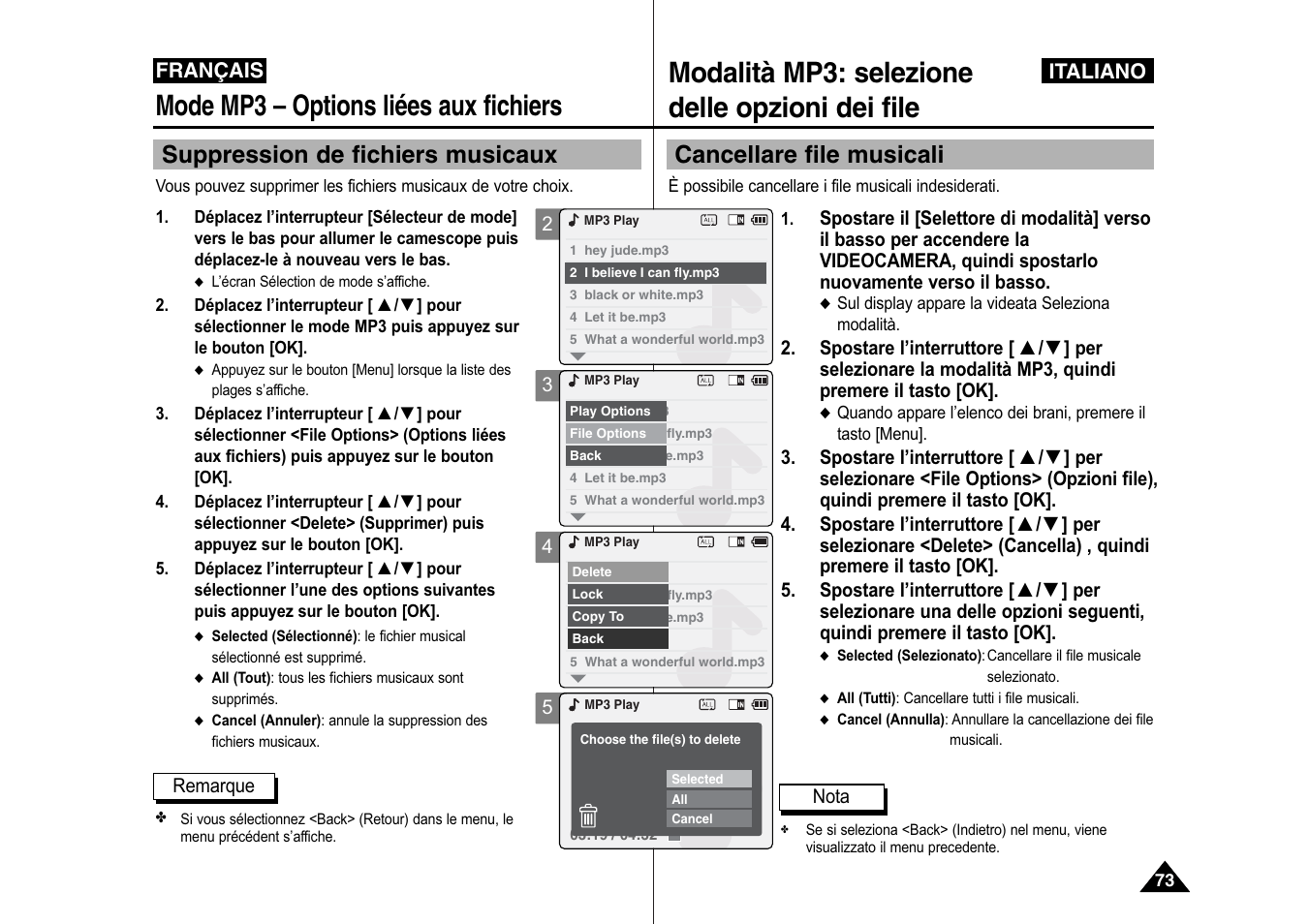 Modalità mp3: selezione delle opzioni dei file, Mode mp3 – options liées aux fichiers, Cancellare file musicali | Suppression de fichiers musicaux, Italiano, Français | Samsung VP-X110L User Manual | Page 74 / 129