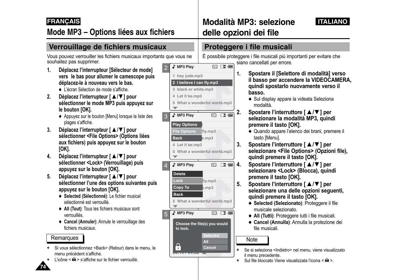 Modalità mp3: selezione delle opzioni dei file, Mode mp3 – options liées aux fichiers, Proteggere i file musicali | Verrouillage de fichiers musicaux | Samsung VP-X110L User Manual | Page 75 / 129