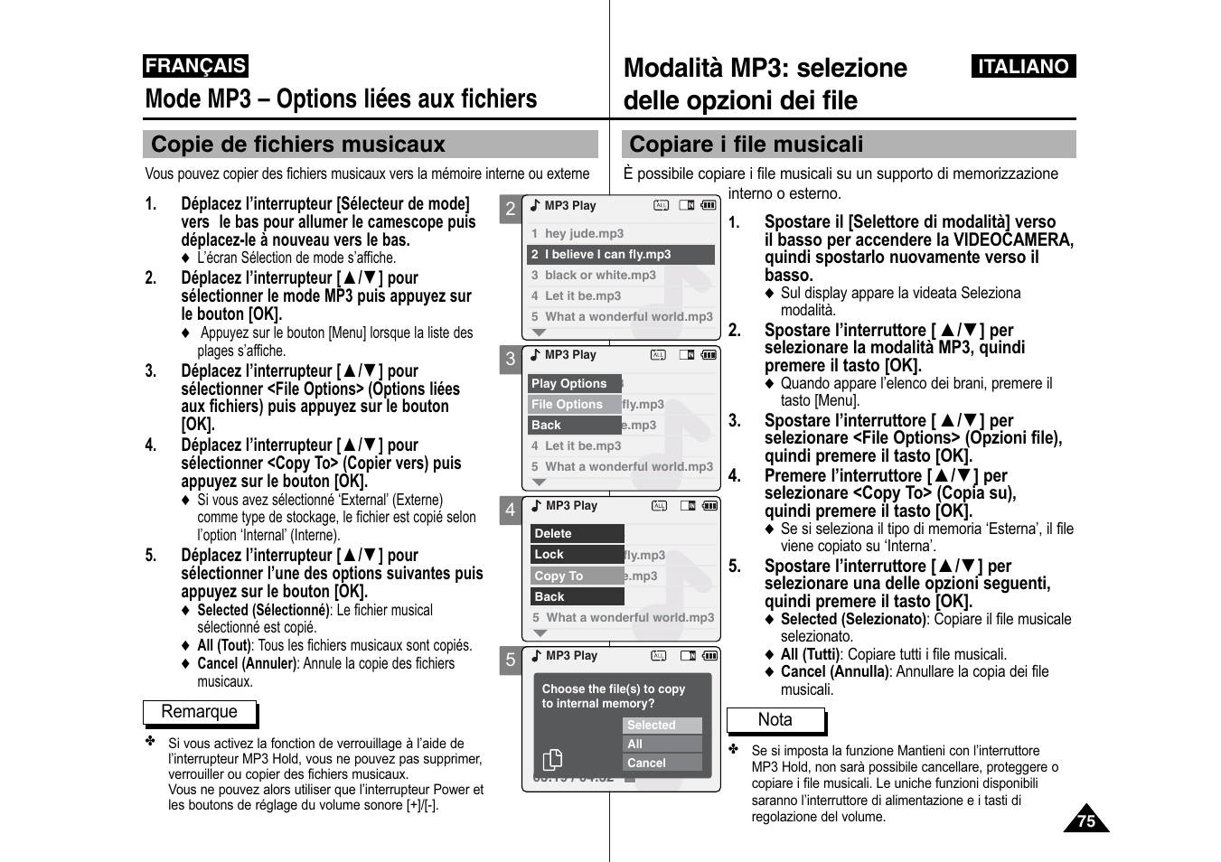 Modalità mp3: selezione delle opzioni dei file, Mode mp3 – options liées aux fichiers, Copiare i file musicali | Copie de fichiers musicaux | Samsung VP-X110L User Manual | Page 76 / 129
