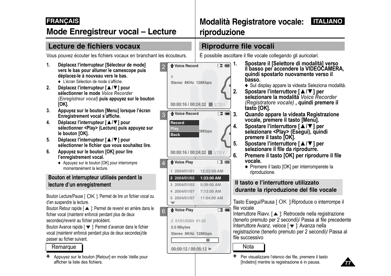 Modalità registratore vocale: riproduzione, Mode enregistreur vocal – lecture, Riprodurre file vocali | Lecture de fichiers vocaux | Samsung VP-X110L User Manual | Page 78 / 129