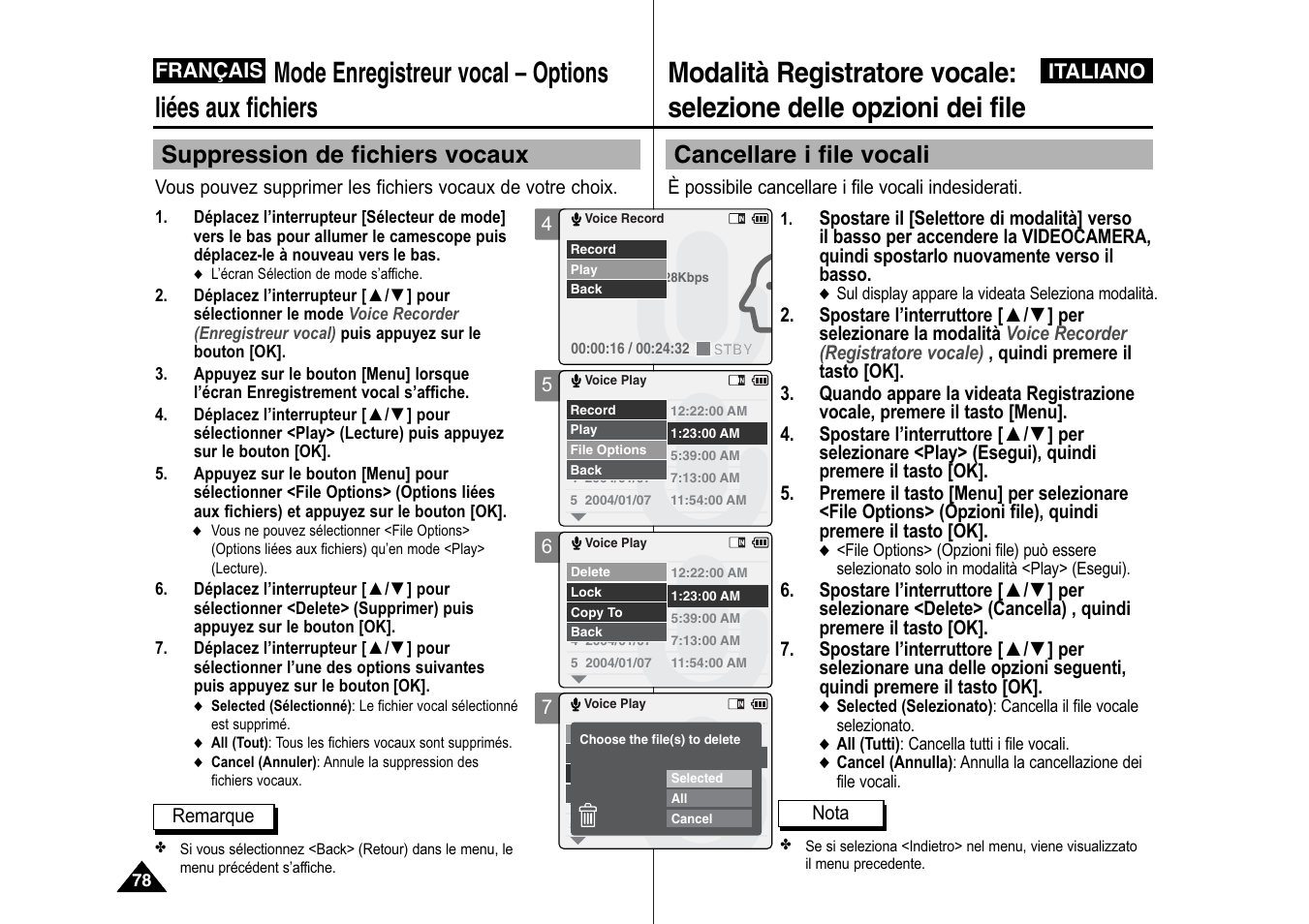 Cancellare i file vocali, Suppression de fichiers vocaux, Italiano | Français | Samsung VP-X110L User Manual | Page 79 / 129