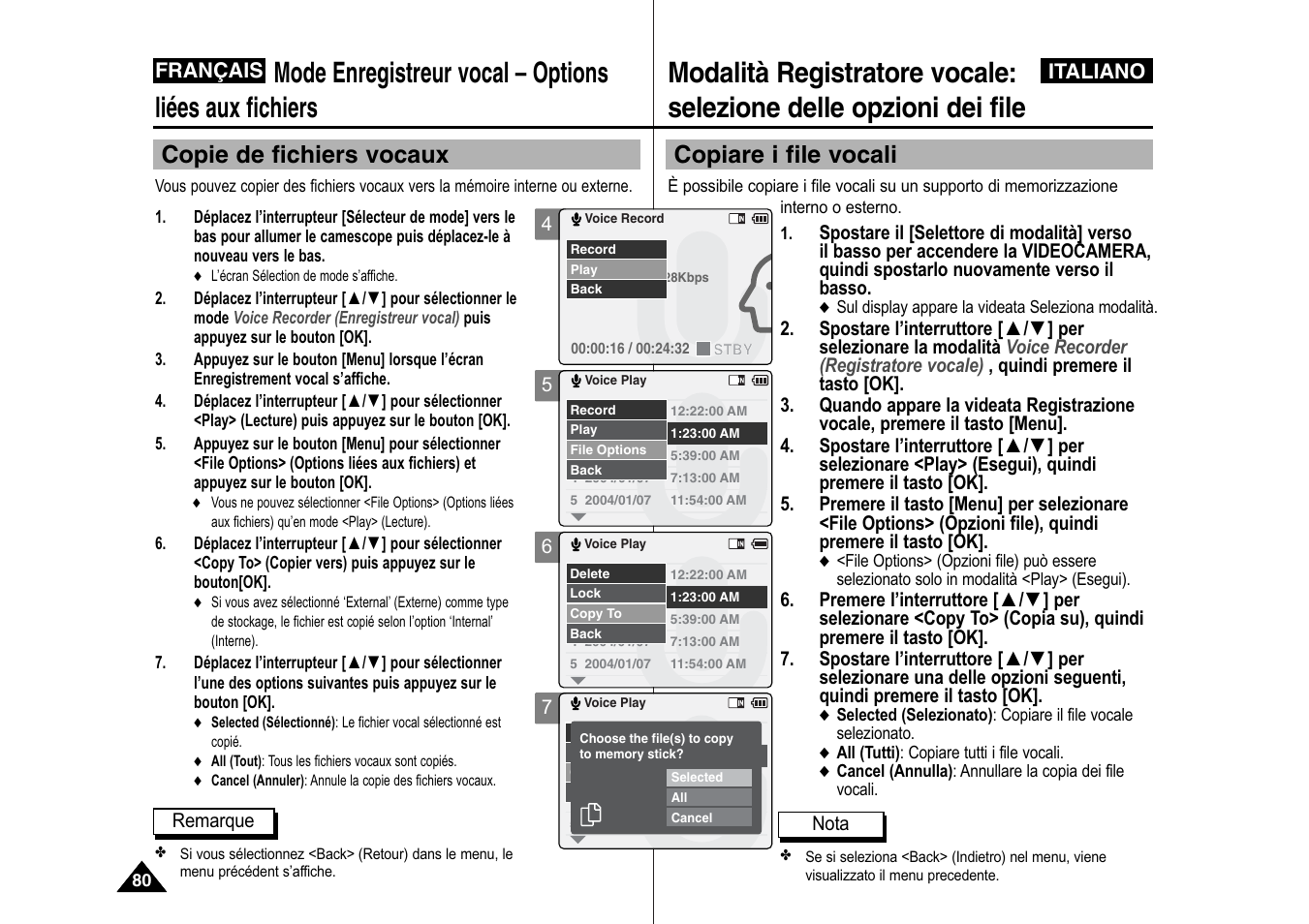 Copiare i file vocali, Copie de fichiers vocaux, Italiano | Français | Samsung VP-X110L User Manual | Page 81 / 129