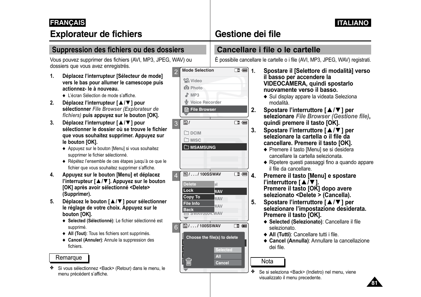 Gestione dei file, Explorateur de fichiers, Cancellare i file o le cartelle | Suppression des fichiers ou des dossiers, Italiano, Français | Samsung VP-X110L User Manual | Page 82 / 129