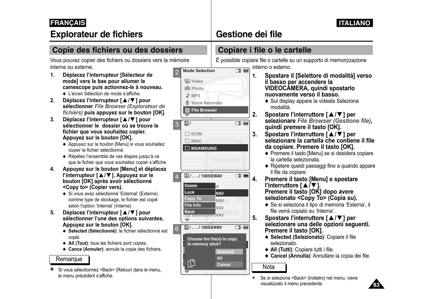 Gestione dei file, Explorateur de fichiers, Copiare i file o le cartelle | Copie des fichiers ou des dossiers, Italiano, Français | Samsung VP-X110L User Manual | Page 84 / 129