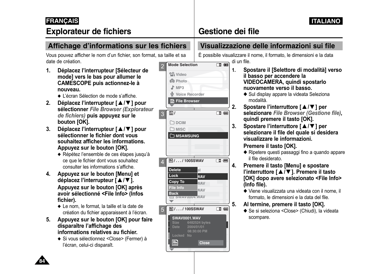 Gestione dei file, Explorateur de fichiers, Visualizzazione delle informazioni sui file | Affichage d’informations sur les fichiers | Samsung VP-X110L User Manual | Page 85 / 129