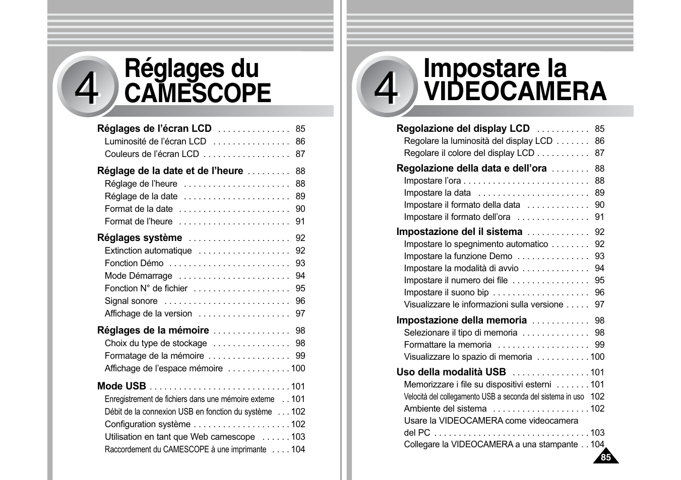 Réglages du camescope, Impostare la videocamera | Samsung VP-X110L User Manual | Page 86 / 129