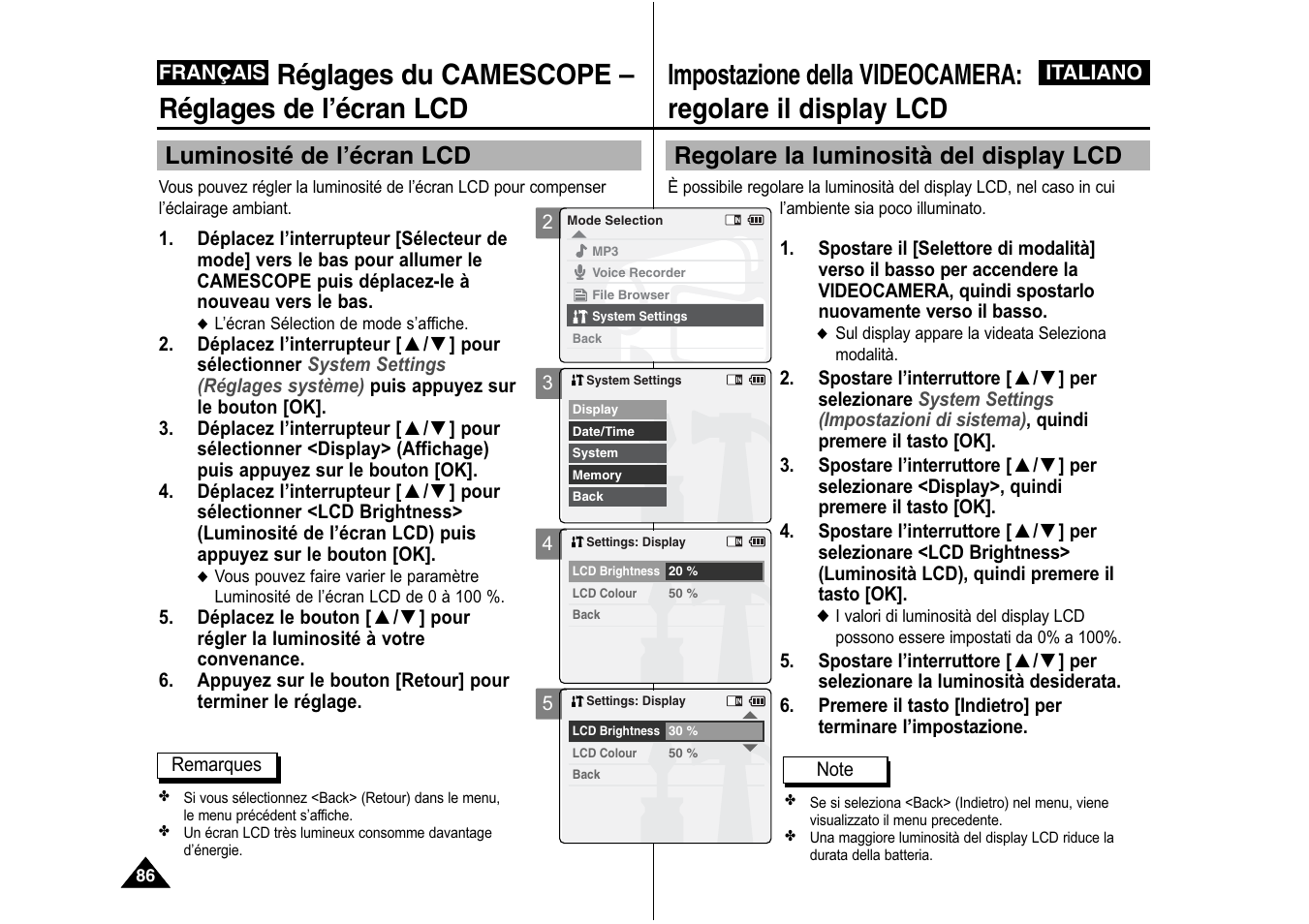 Réglages du camescope – réglages de l’écran lcd, Regolare la luminosità del display lcd, Luminosité de l’écran lcd | Samsung VP-X110L User Manual | Page 87 / 129