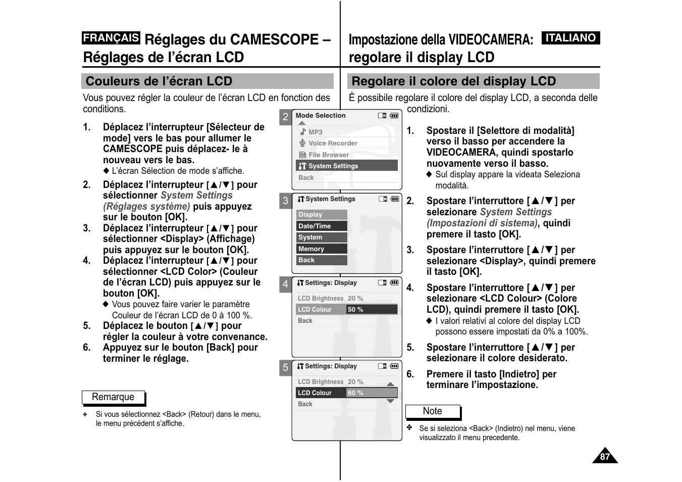 Réglages du camescope – réglages de l’écran lcd, Regolare il colore del display lcd, Couleurs de l’écran lcd | Samsung VP-X110L User Manual | Page 88 / 129