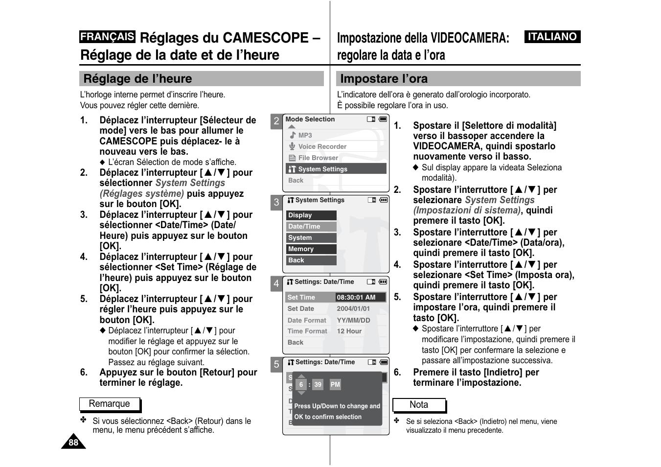 Impostare l’ora, Réglage de l’heure | Samsung VP-X110L User Manual | Page 89 / 129