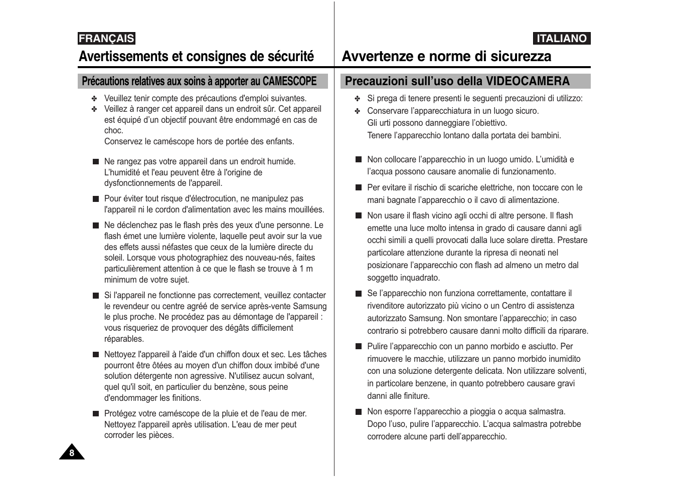 Avertissements et consignes de sécurité, Avvertenze e norme di sicurezza, Precauzioni sull’uso della videocamera | Samsung VP-X110L User Manual | Page 9 / 129