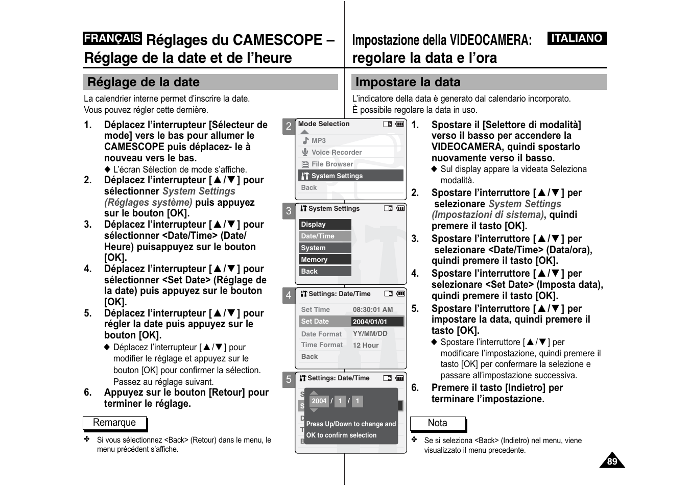 Impostare la data, Réglage de la date | Samsung VP-X110L User Manual | Page 90 / 129