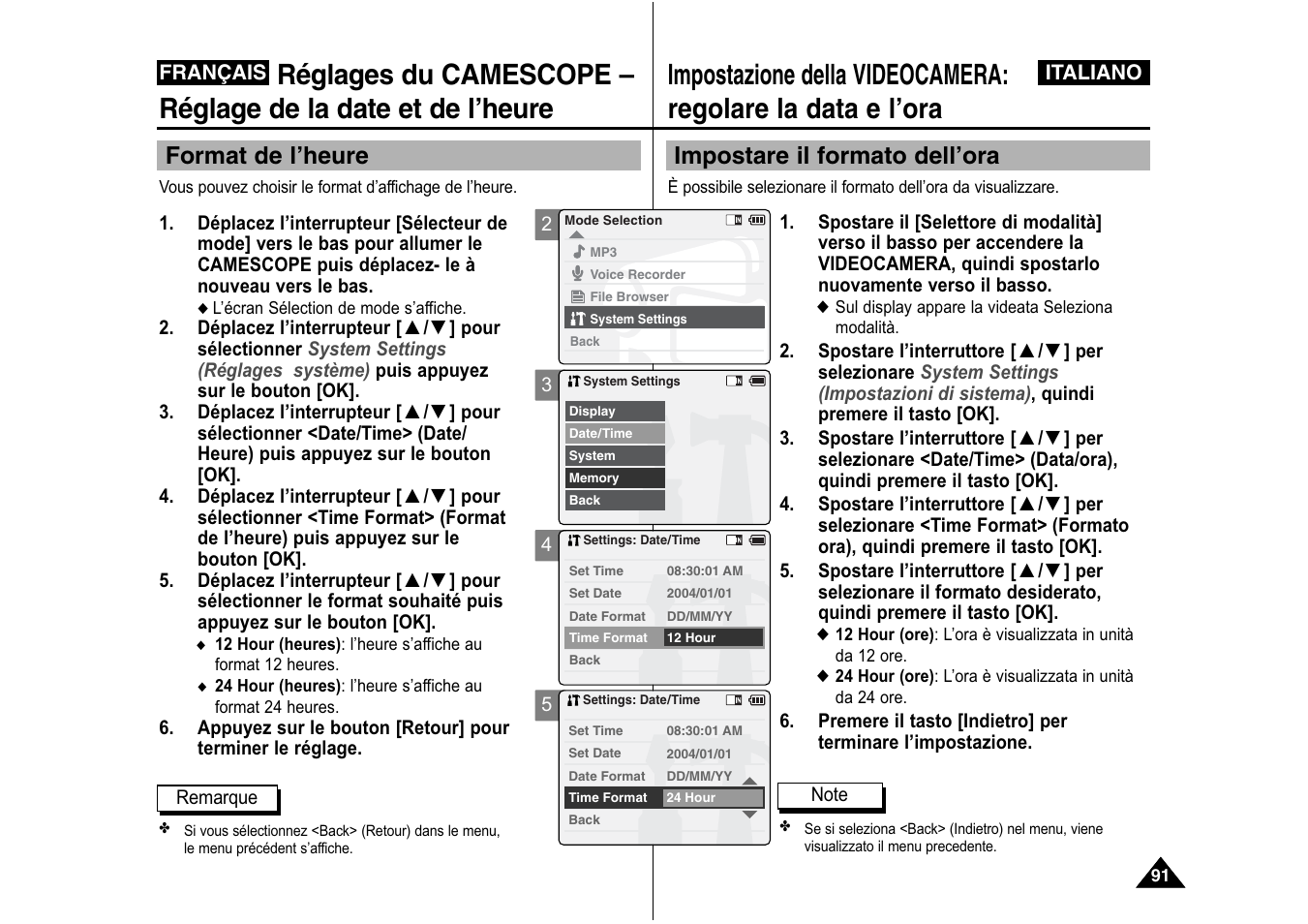 Impostare il formato dell’ora, Format de l’heure | Samsung VP-X110L User Manual | Page 92 / 129