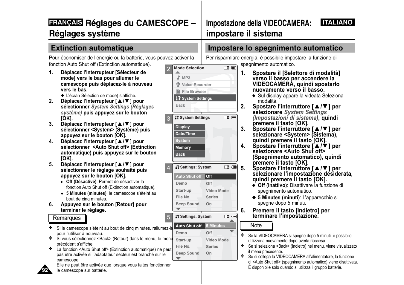 Réglages du camescope – réglages système, Impostare lo spegnimento automatico, Extinction automatique | Samsung VP-X110L User Manual | Page 93 / 129
