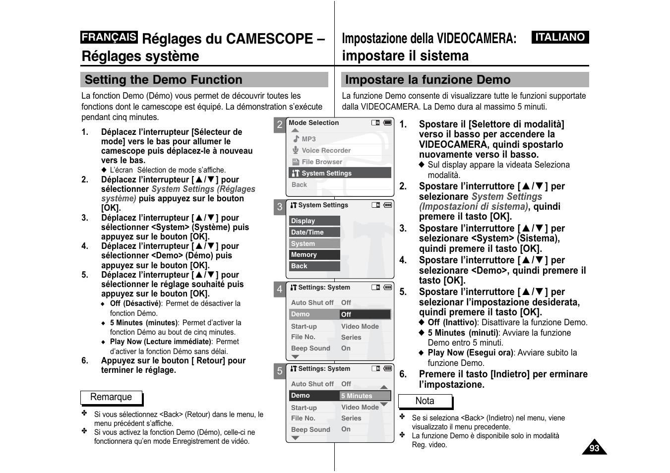 Réglages du camescope – réglages système, Impostare la funzione demo, Setting the demo function | Samsung VP-X110L User Manual | Page 94 / 129
