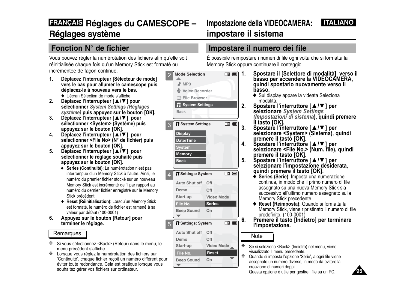 Réglages du camescope – réglages système, Impostare il numero dei file, Fonction n° de fichier | Samsung VP-X110L User Manual | Page 96 / 129