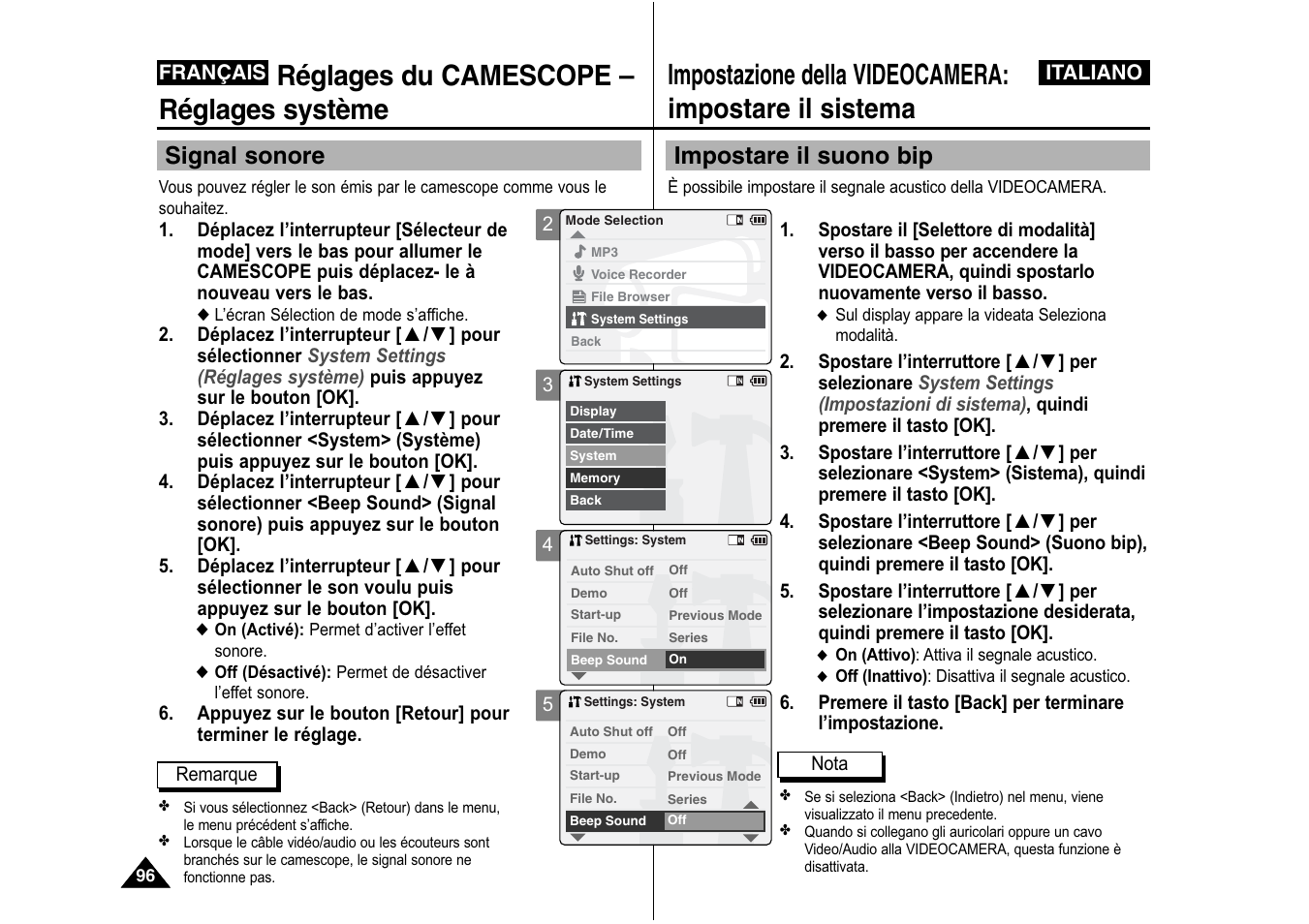 Réglages du camescope – réglages système, Impostare il suono bip, Signal sonore | Samsung VP-X110L User Manual | Page 97 / 129