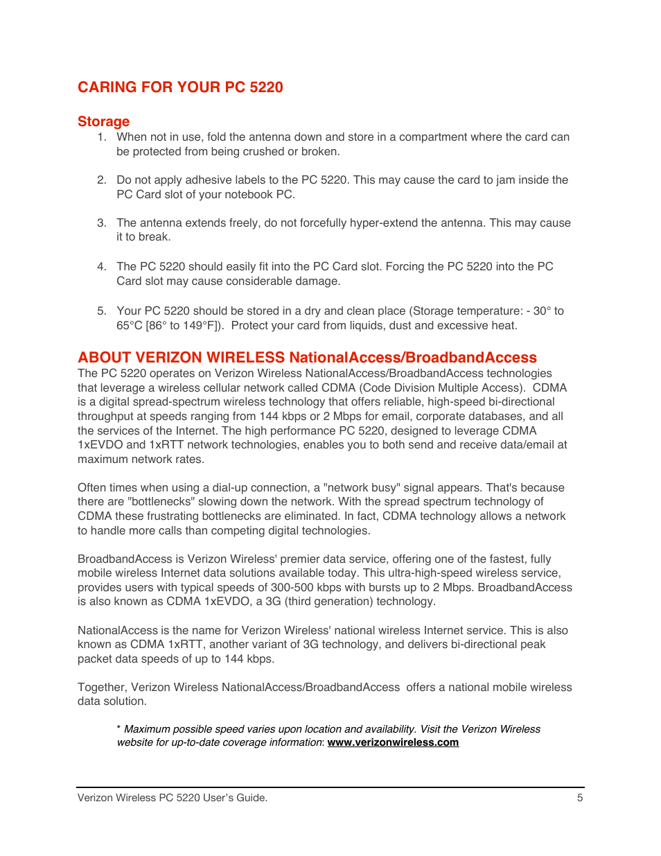 Caring for your pc 5220, Storage | Audiovox PC CARD PC 5220 User Manual | Page 5 / 15