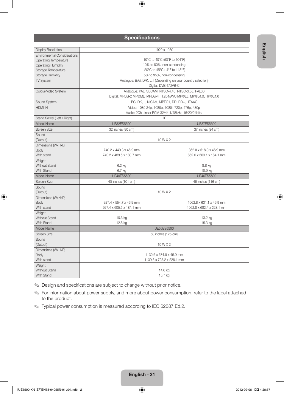 Specifications | Samsung UE40ES5500W User Manual | Page 21 / 90