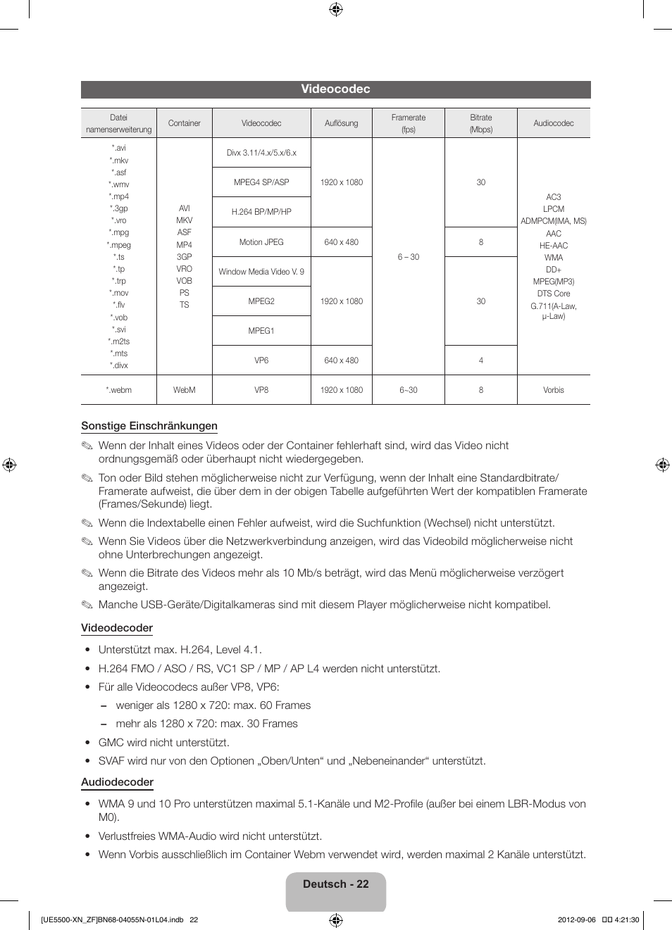 Videocodec | Samsung UE40ES5500W User Manual | Page 66 / 90