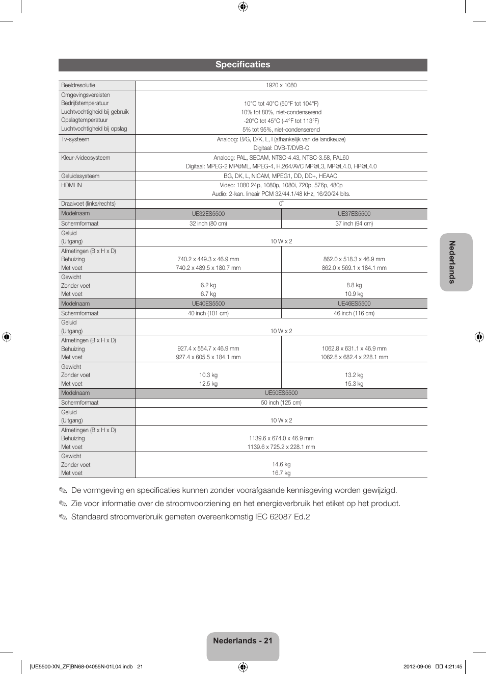 Specificaties | Samsung UE40ES5500W User Manual | Page 87 / 90