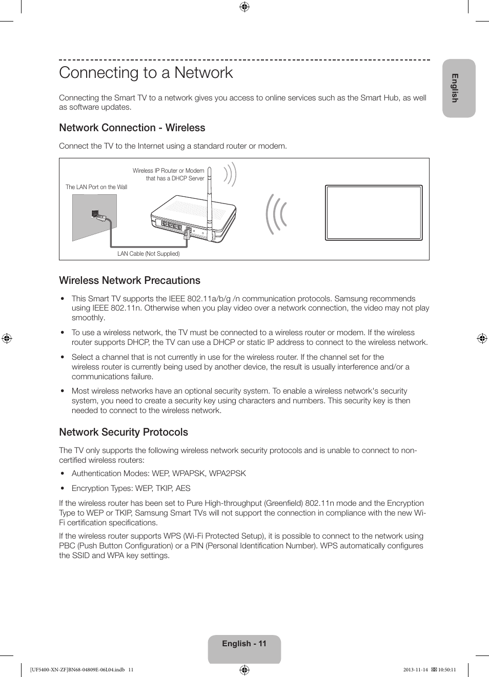 Connecting to a network, Network connection - wireless, Wireless network precautions | Network security protocols | Samsung UE22F5400AW User Manual | Page 11 / 81