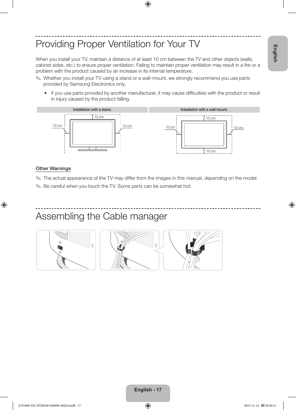 Providing proper ventilation for your tv, Assembling the cable manager | Samsung UE22F5400AW User Manual | Page 17 / 81
