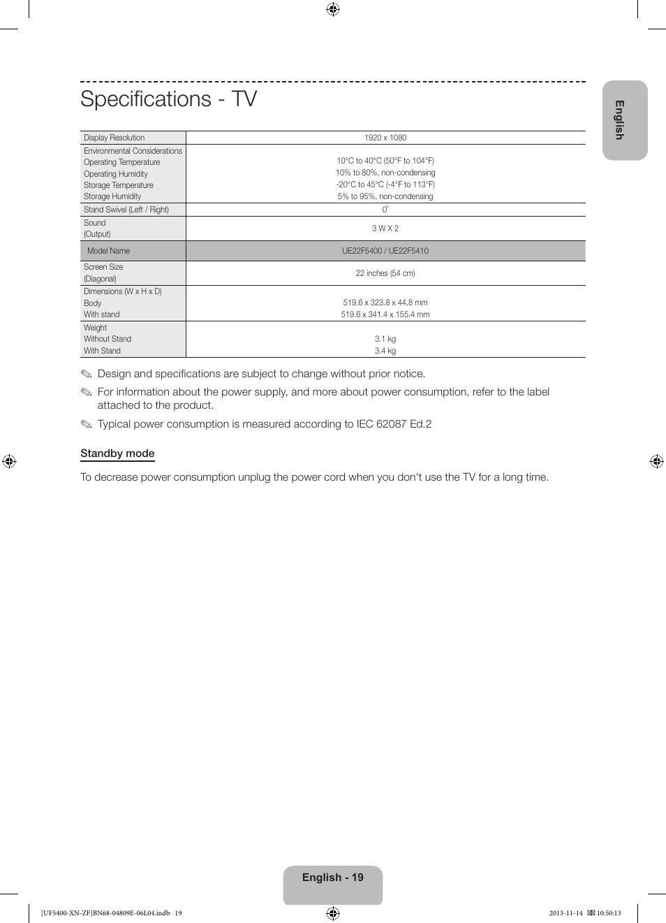 Specifications - tv | Samsung UE22F5400AW User Manual | Page 19 / 81
