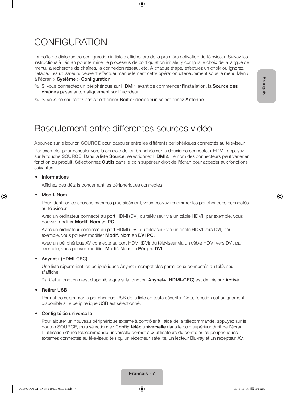 Configuration, Basculement entre différentes sources vidéo | Samsung UE22F5400AW User Manual | Page 27 / 81