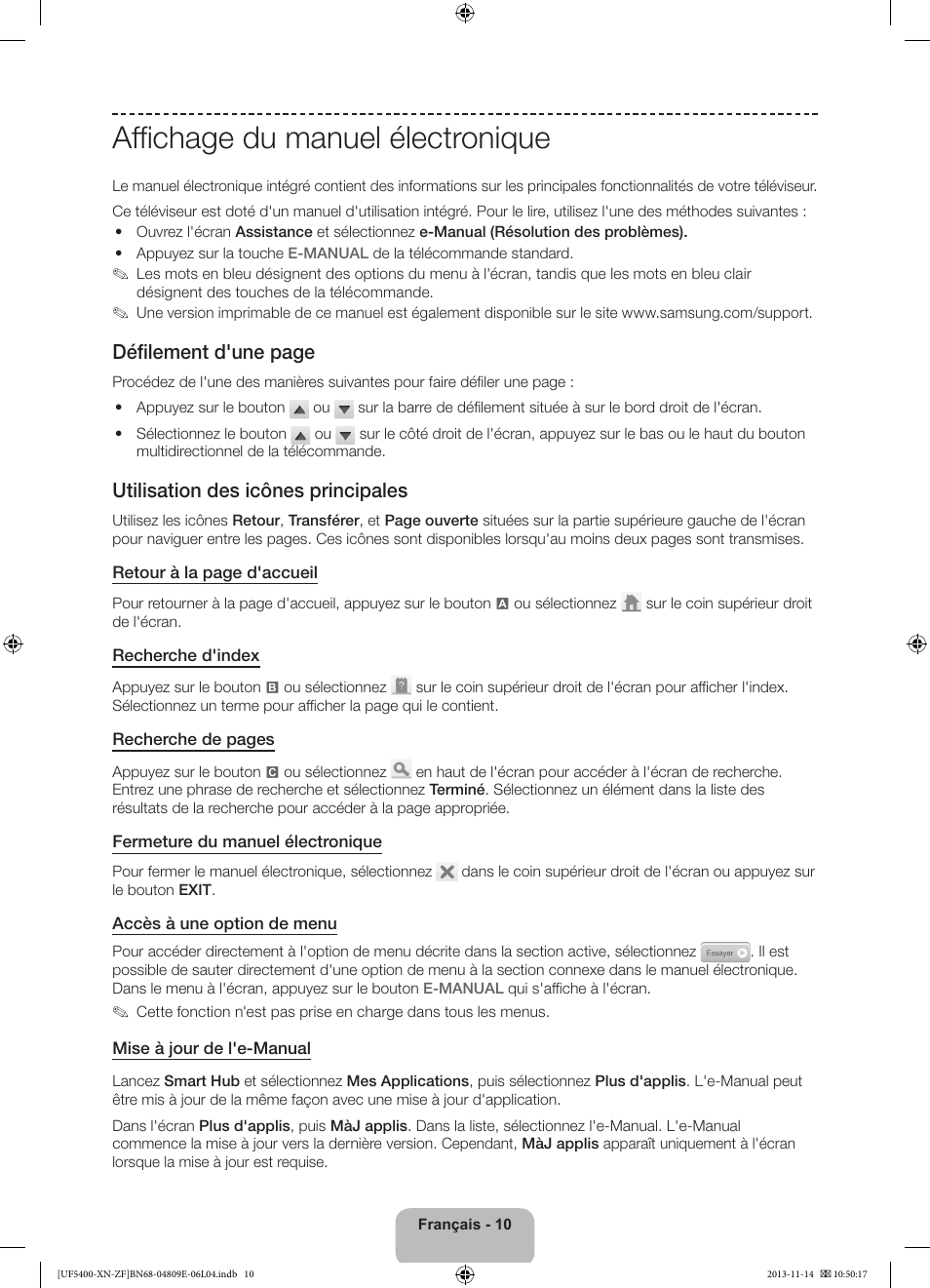 Affichage du manuel électronique, Défilement d'une page, Utilisation des icônes principales | Samsung UE22F5400AW User Manual | Page 30 / 81