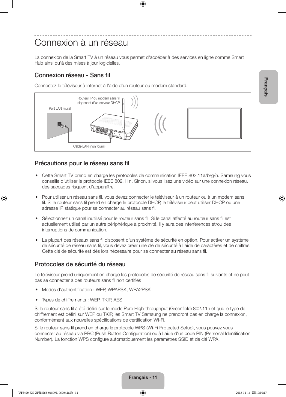 Connexion à un réseau, Connexion réseau - sans fil, Précautions pour le réseau sans fil | Protocoles de sécurité du réseau | Samsung UE22F5400AW User Manual | Page 31 / 81
