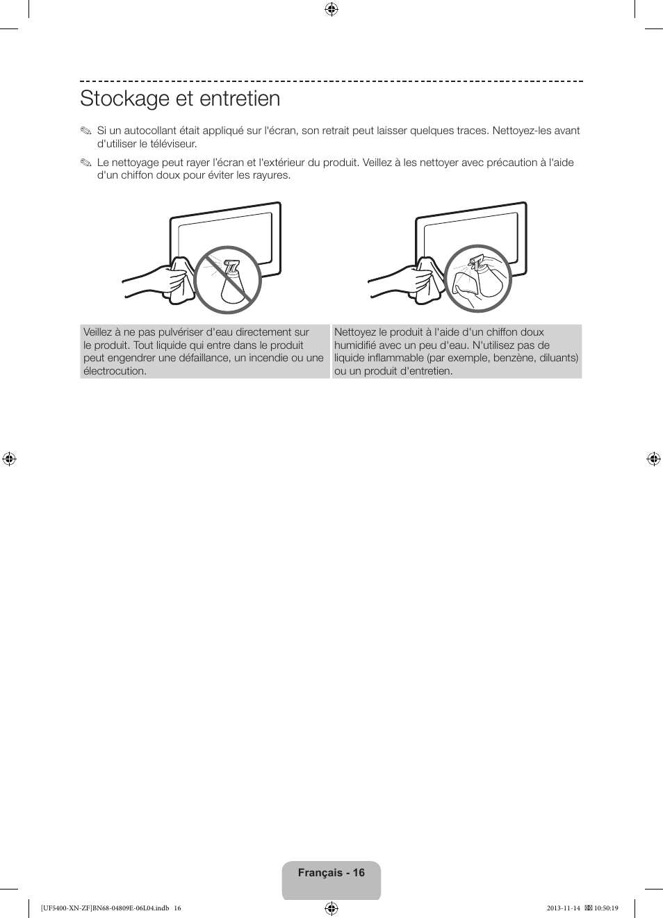 Stockage et entretien | Samsung UE22F5400AW User Manual | Page 36 / 81