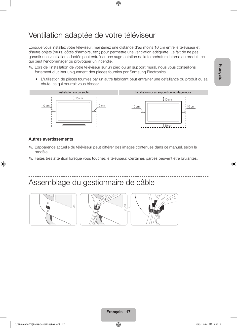 Ventilation adaptée de votre téléviseur, Assemblage du gestionnaire de câble | Samsung UE22F5400AW User Manual | Page 37 / 81