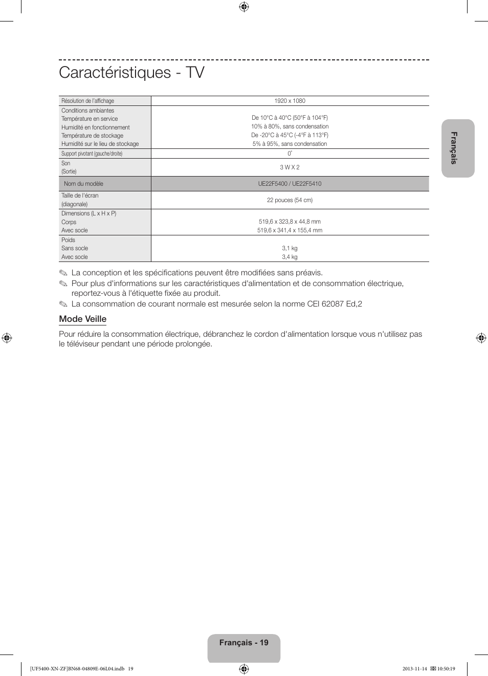 Caractéristiques - tv | Samsung UE22F5400AW User Manual | Page 39 / 81