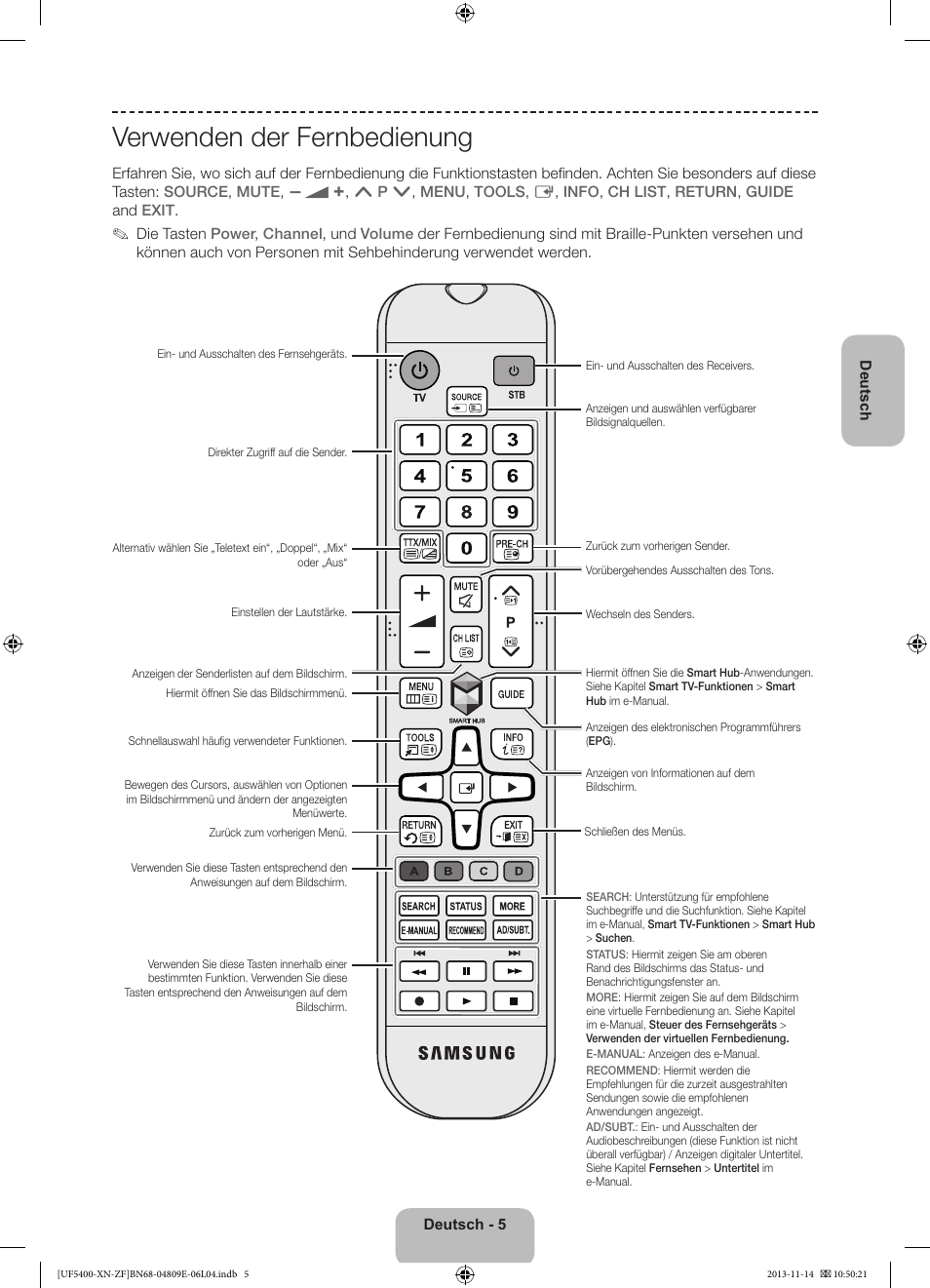 Verwenden der fernbedienung | Samsung UE22F5400AW User Manual | Page 45 / 81