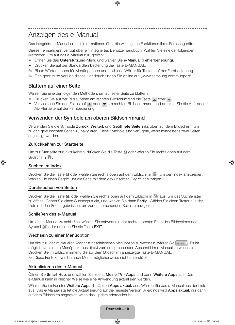 Anzeigen des e-manual, Blättern auf einer seite, Verwenden der symbole am oberen bildschirmrand | Samsung UE22F5400AW User Manual | Page 50 / 81