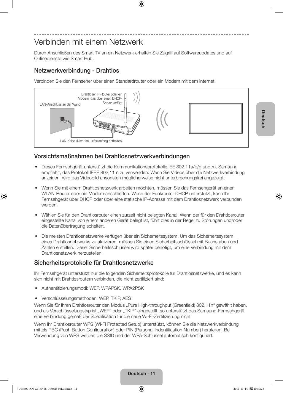 Verbinden mit einem netzwerk, Netzwerkverbindung - drahtlos, Sicherheitsprotokolle für drahtlosnetzwerke | Samsung UE22F5400AW User Manual | Page 51 / 81