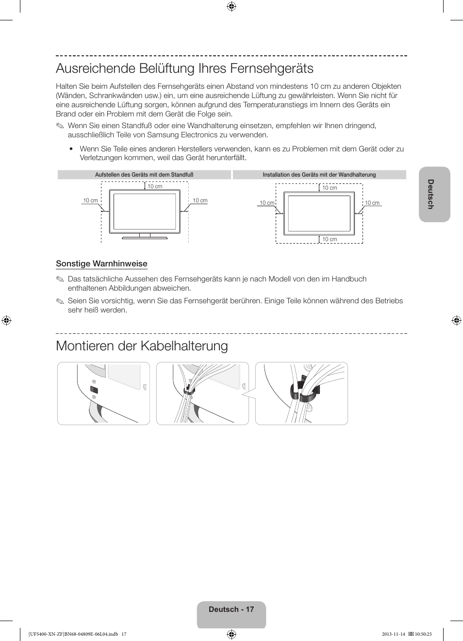 Ausreichende belüftung ihres fernsehgeräts, Montieren der kabelhalterung | Samsung UE22F5400AW User Manual | Page 57 / 81