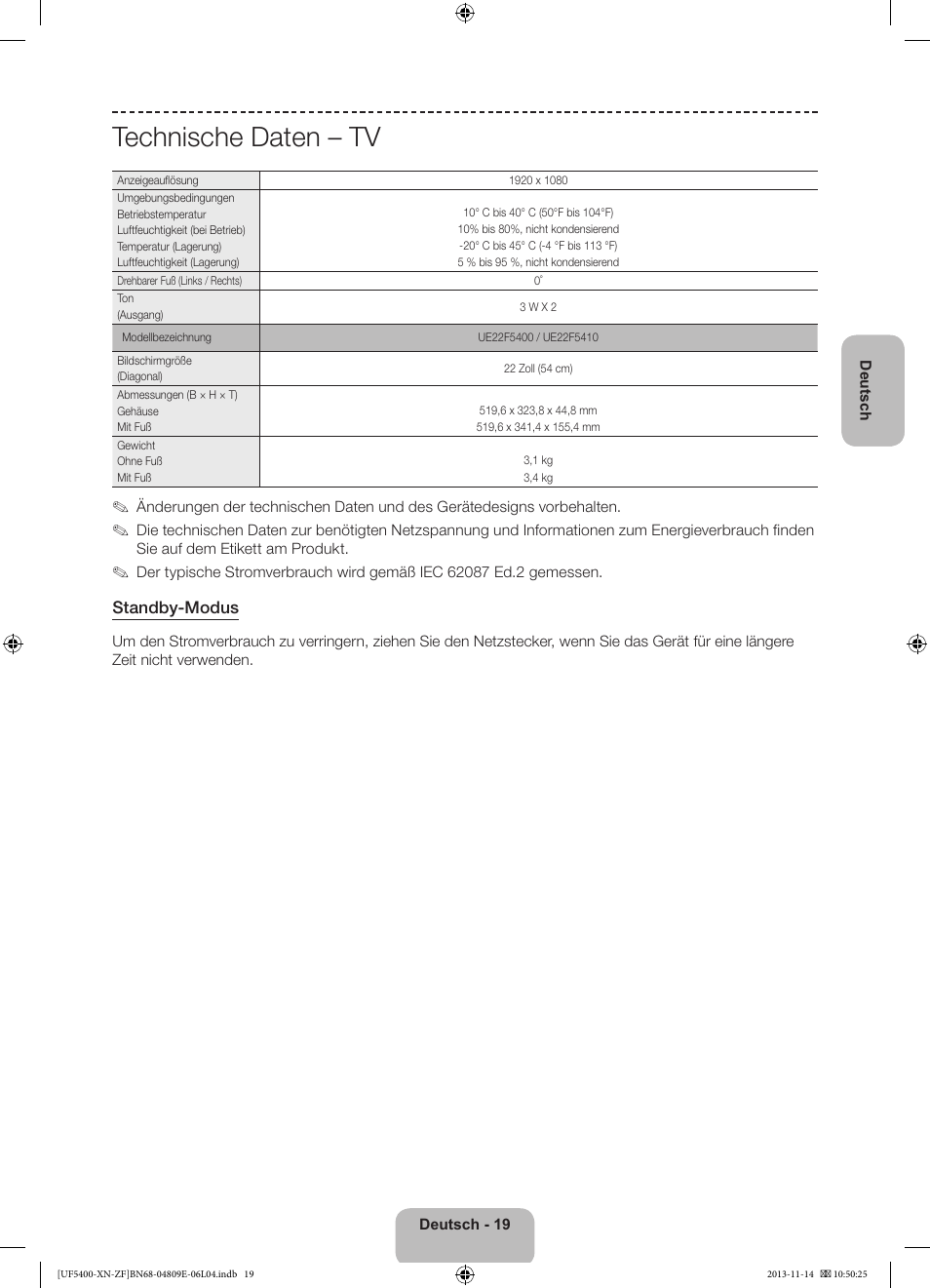 Technische daten – tv | Samsung UE22F5400AW User Manual | Page 59 / 81