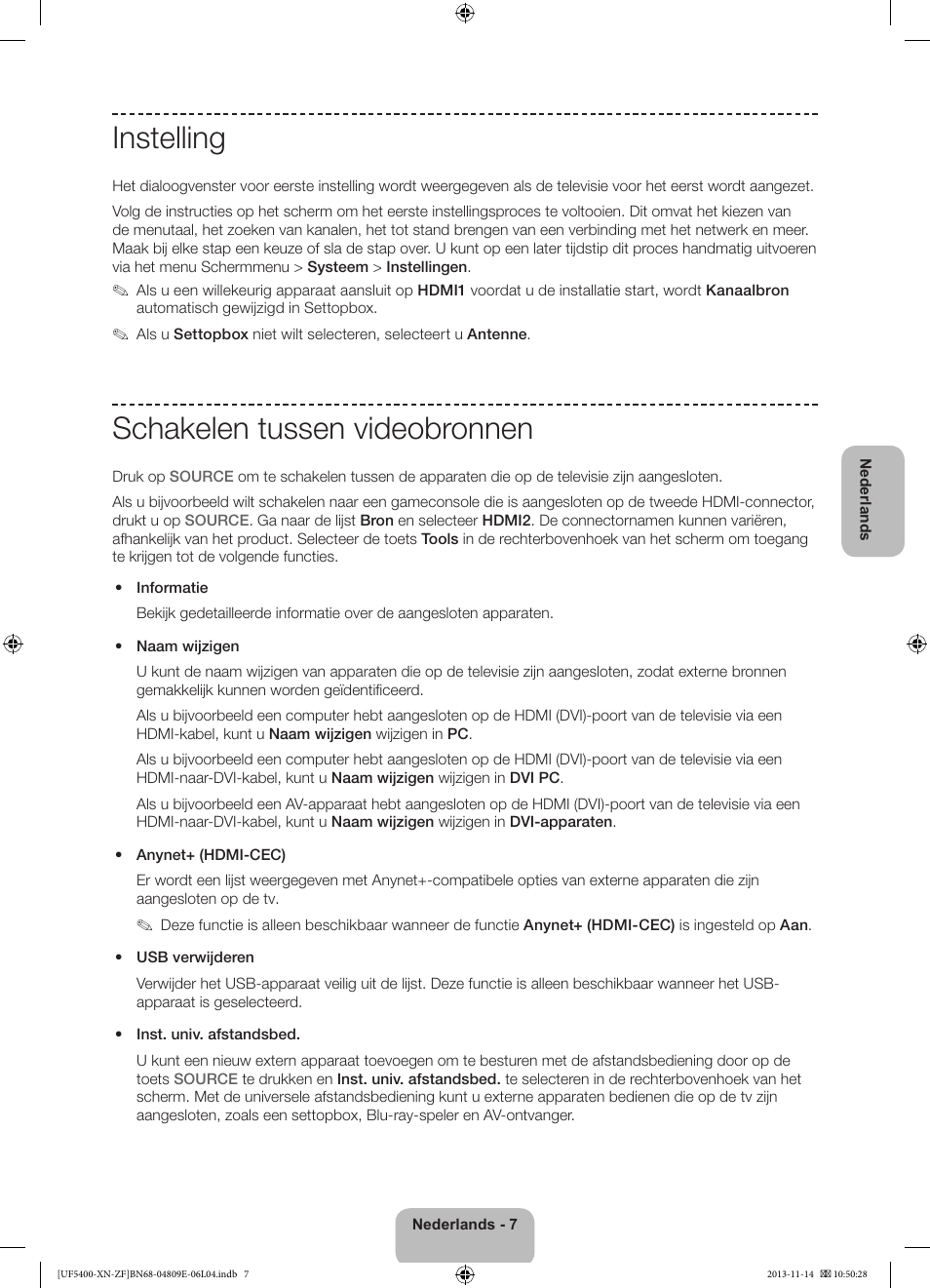 Instelling, Schakelen tussen videobronnen | Samsung UE22F5400AW User Manual | Page 67 / 81