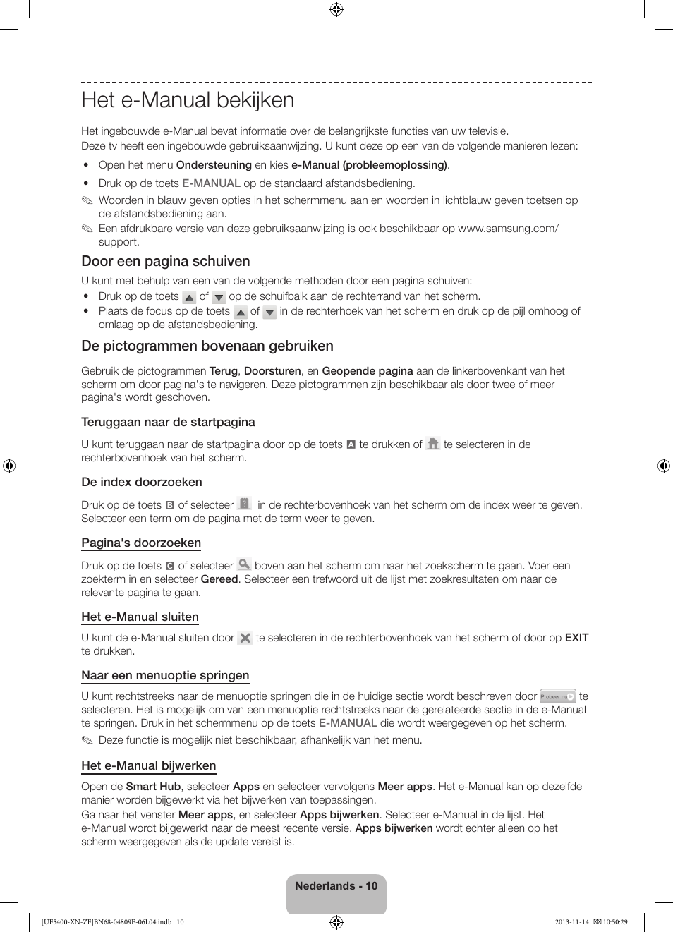 Het e-manual bekijken, Door een pagina schuiven, De pictogrammen bovenaan gebruiken | Samsung UE22F5400AW User Manual | Page 70 / 81