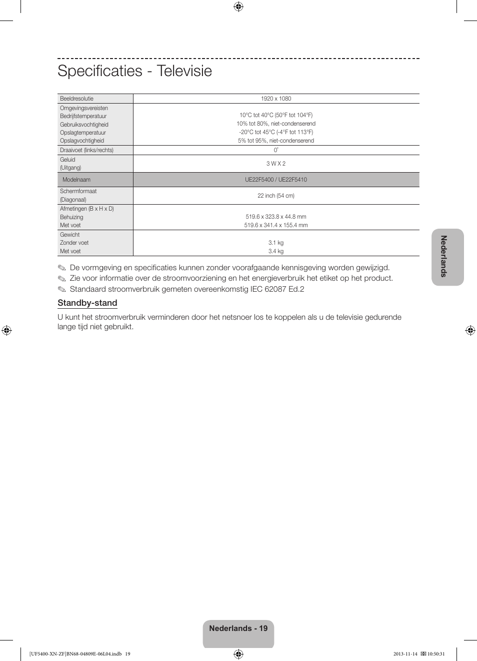 Specificaties - televisie | Samsung UE22F5400AW User Manual | Page 79 / 81