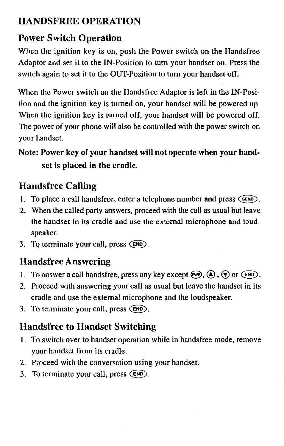 Handsfree operation power switch operation, Handsfree calling, Handsfree answering | Handsfree to handset switching | Audiovox HF505 User Manual | Page 2 / 4