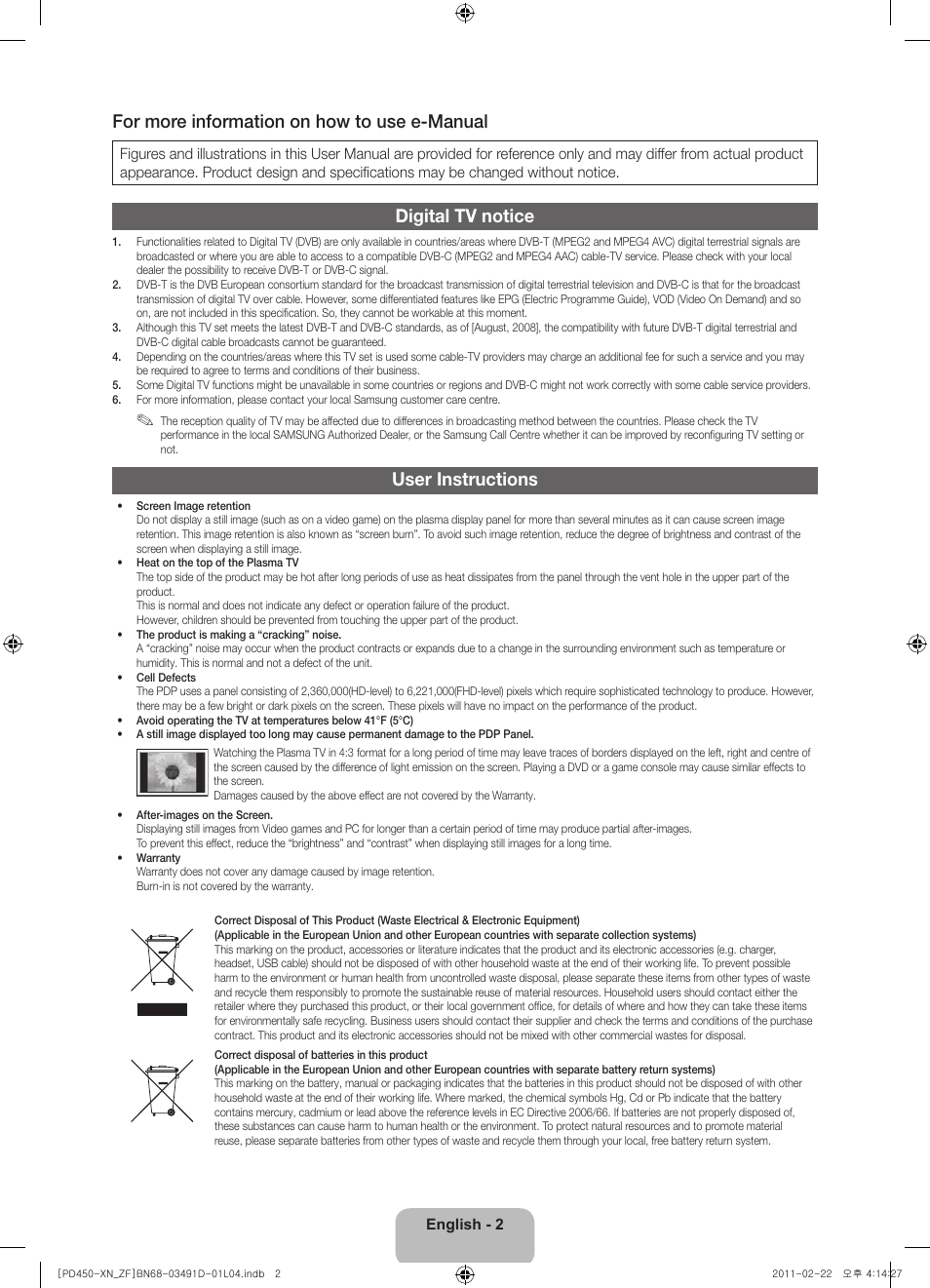 For more information on how to use e-manual, Digital tv notice, User instructions | Samsung PS51D450A2W User Manual | Page 2 / 74